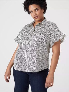 Lane Bryant Black & White Short Sleeve Button-Down Shirt